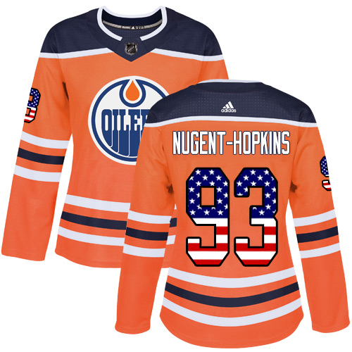 Adidas Oilers #93 Ryan Nugent-Hopkins Orange Home Authentic USA Flag Women's Stitched NHL Jersey - Click Image to Close